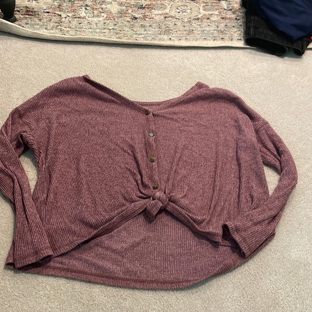 A light weight sweater, good quality, pink/purple color, tie in front